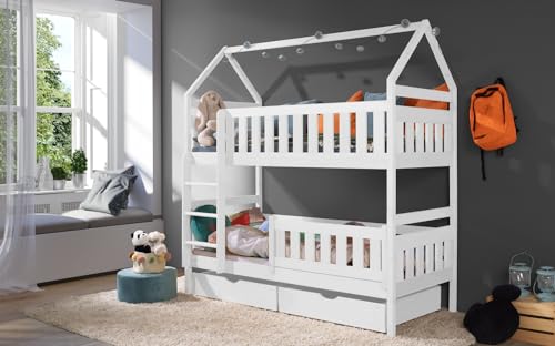 KEF Noah Etagenbett Kinder 170x80 cm - Hausbett - Holz Kinderbett - für Zwei Kinder - Holzbett mit Schubladen - Massivholz Kinder Bett mit Lattenrost - mit Matratze - Weiß - Leiter Rechts von KEF-MEBLE
