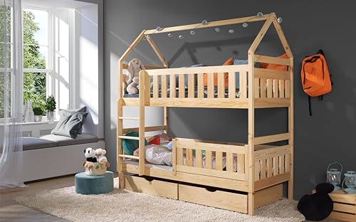 KEF Noah Etagenbett Kinder 200x90 cm - Hausbett - Holz Kinderbett - für Zwei Kinder - Holzbett mit Schubladen - Massivholz Kinder Bett mit Lattenrost - ohne Matratze - Kiefer - Leiter Rechts von KEF-MEBLE