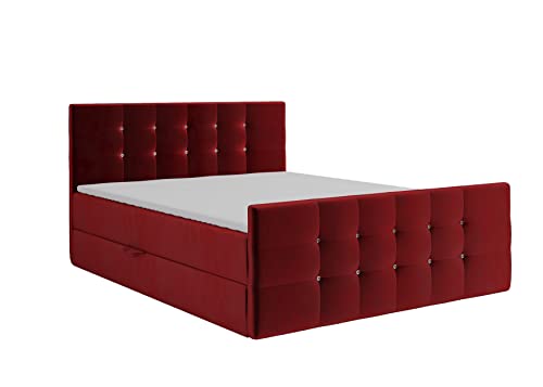 KEF Paris Boxspringbett 180x200 cm - Bett mit Matratze und Topper - Doppelbett mit Bettkasten - Polsterbett mit Kopfstütze - Bonell-Matratze H3 - Rot Tiffany von KEF-MEBLE
