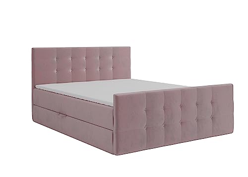 KEF Paris Boxspringbett 200x200 cm - Bett mit Matratze und Topper - Doppelbett mit Bettkasten - Polsterbett mit Kopfstütze - Bonell-Matratze H3 - Rosa Tiffany von KEF-MEBLE