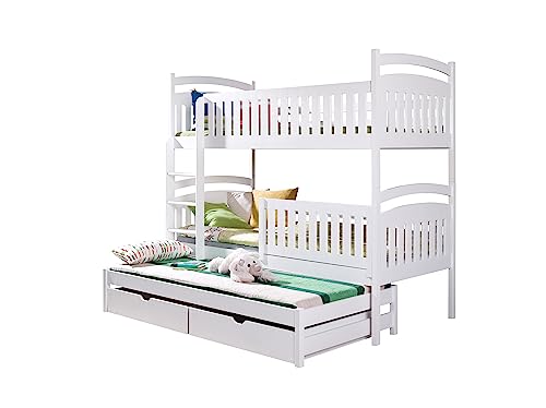 KEF Sofia Etagenbett Kinder 80x170 cm - Etagenbett 3 Personen - Holz Kinderbett - für DREI Kinder - mit Schubladen - Ausziehbares Drittes Bett - mit Matratze - Weiß - Leiter Links von KEF-MEBLE