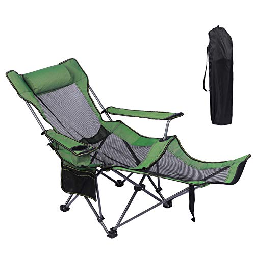 KEFOMOL Camping-Lounge-Stuhl, tragbarer Campingstuhl, klappbarer Campingstuhl mit Fußstütze, Kopfstütze und Aufbewahrungstasche, Netzlehner mit Rucksack, 150 kg Tragkraft (grün) von KEFOMOL