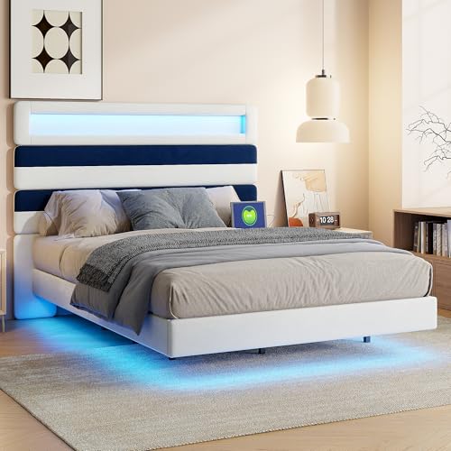 140 x 190 cm, mit modularem Kopf, LED und USB-Anschlüssen, Bett mit Lichtstreifen unter und Samtstoff, beige, modernes Doppelbett für 2 Personen (blaue Streifen, 140 x 190 cm) von KEFSR