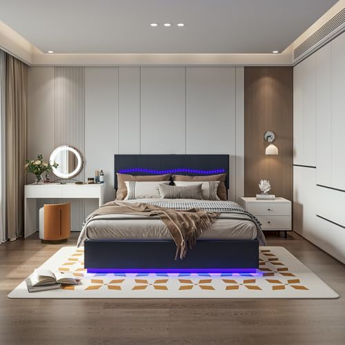 Bett 180 x 200 cm mit Lattenrost, LED und USB-Anschlüssen, Bett mit Stauraum und Kopfteil, gepolstertes Doppelbett, 180 x 200 cm, modern (Schwarz, 180 x 200 cm) von KEFSR
