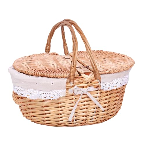 Handgefertigter Boho-Picknickkorb aus Korbgeflecht mit Deckel und Griff, Kleiner Geflochtener Campingkorb aus Rattan mit Herausnehmbarem und Waschbarem Innenfutter, für die (A) von KEFSR