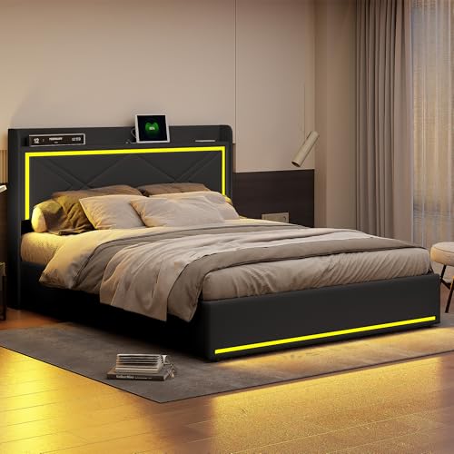 KEFSR 160x200 cm Bettgestell mit LED-Licht, Plattformbettgestell mit Stauraum, Polsterbett mit USB und Typ-C, Lattenrost aus Holz, kein Boxspring erforderlich (Schwarz 160 x 200 cm) von KEFSR