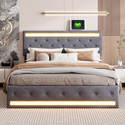 KEFSR 180x200 cm Bettgestell mit 4 Schubladen LED Bettgestell Gepolstertes Kopfteil mit Ladefunktion Holzlattenstütze Bettgestell Matratze Fundament Kein Boxspring nötig (180x200cm) von KEFSR
