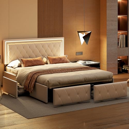 KEFSR Bettgestell mit 4 Schubladen, Polsterbettgestell mit Stauraum und LED-Lichtern, 140 x 200 cm Modernes Bett, kein Boxspringbett erforderlich (PU Weiß 140 x 200 cm) von KEFSR