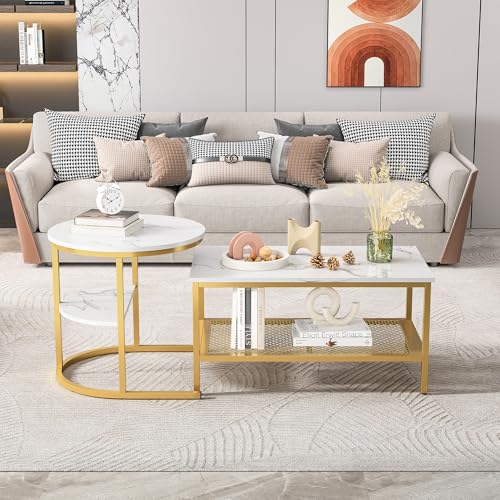 KEFSR Couchtisch, 2er-Set, Gold, moderne Wohnzimmertische mit glänzendem Marmor-Effekt, solide Struktur aus MDF, kompaktes und funktionales Design (Gold, B-1) von KEFSR