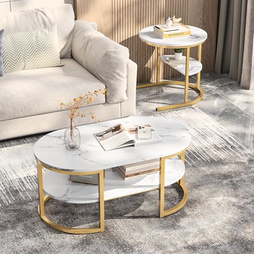 KEFSR Couchtisch, 2er-Set, Gold, moderne Wohnzimmertische mit glänzendem Marmor-Effekt, solide Struktur aus MDF, kompaktes und funktionales Design (Gold, B-2) von KEFSR