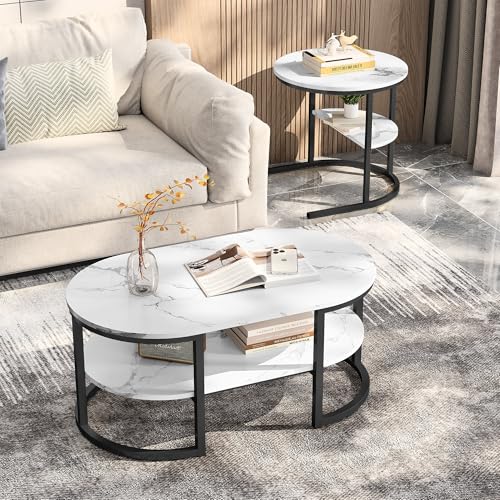 KEFSR Couchtisch, 2er-Set, schwarz, moderne Wohnzimmertische mit glänzendem Marmor-Effekt, solide Struktur aus MDF (PE+PU-Beschichtung), kompaktes und funktionales Design (Schwarz, B-2) von KEFSR