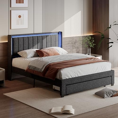 KEFSR Doppelbett 140 x 200 cm, multifunktionales Kopfteil mit LED-Licht, USB/Typ-C, aufklappbare Schublade mit 3 Fächern und ergonomischem Design in Leinen Grau (Dunkelgrau, 180 x 200 cm) von KEFSR
