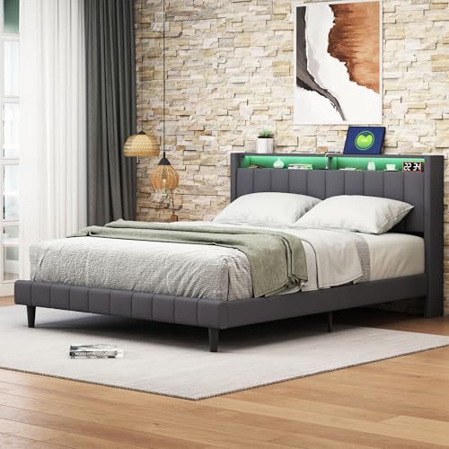 KEFSR Doppelbett 140 x 200 cm, multifunktionales Kopfteil mit LED-Licht, USB/Typ-C, aufklappbare Schublade mit 3 Fächern und ergonomischem Design in Leinen Grau (Grau, 160 x 200 cm) von KEFSR