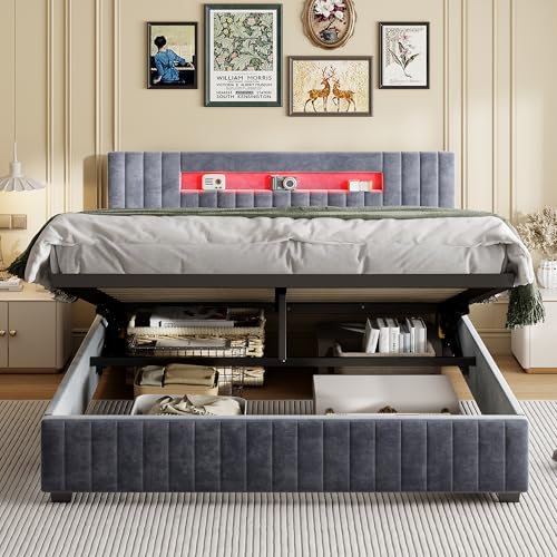 KEFSR Doppelbett 160 x 200 cm, mit Gasbehälter, RGB und USB, Gestell mit verstärkten Latten, gepolstertes Kopfteil aus grauem Samt, ohne Matratze (Grau, 160 x 200 cm) von KEFSR