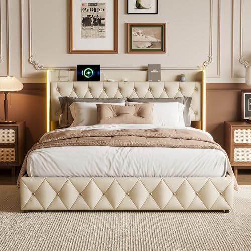 KEFSR Doppelbett 160 x 200 cm mit LED, pneumatischer Behälter und USB-Aufladung – Verstärkte Struktur Latten, Velourstoff, ohne elastische Unterlage (Samt, 160 x 200 cm) von KEFSR