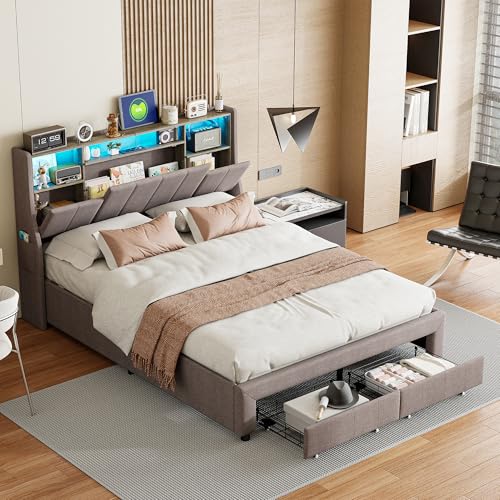 KEFSR Doppelbett 160 x 200 cm Grau aus Leinen, mit LED und USB/Typ-C-Anschlüssen, 4 Schubladen, Unterbett, Kopfteil mit Regalen, Matratze nicht im Lieferumfang enthalten (Grau, 160 x 200 cm) von KEFSR