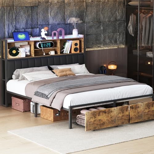 KEFSR Doppelbett 160 x 200 cm mit LED – Kopfteil mit 2 Ebenen mit USB – Rahmen aus Metall und robustem Holz – 4 geräumige Schubladen – Bett mit funktionalen Fächern (Tire-C, 160 x 200 cm) von KEFSR