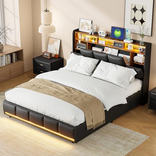 KEFSR Doppelbett 160 x 200 cm mit LED, pneumatischer Behälter und USB-Aufladung – Verstärkte Struktur Latten, Velourstoff, ohne elastische Unterlage (Schwarz PU (2), 140 x 200 cm) von KEFSR