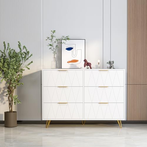 KEFSR Marineblaue Kommode, moderne Kommode, 6 Schubladen, Holzkommode mit goldenen Griffen, Aufbewahrungskommode für Schlafzimmer (Weiß, 6 Schubladen) von KEFSR