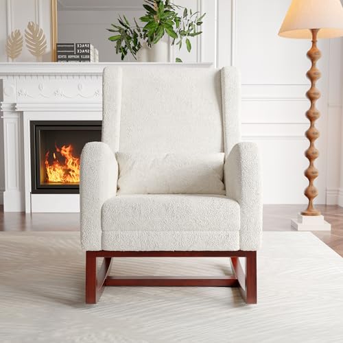 KEFSR Still-Schaukelstuhl, moderner Sessel mit Metallbeinen und Holzsockel, Akzent-Lesesesessel mit Kissen und Tasche, gepolsterter Stuhl für Wohnzimmer, Schlafzimmer (Beige + Teddy-Samt) von KEFSR