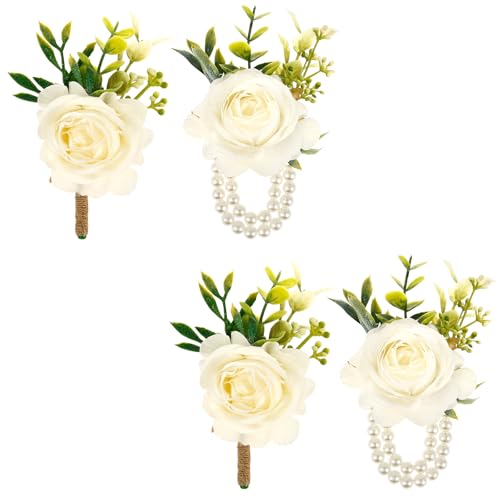 4 Stück Boutonniere Rose mit 2 Handgelenksblumen Braut Handgelenk Blume Exquisit Romantisch Hochzeit Boutonniere für Braut Bräutigam Gäste Hochzeit Tanz Jubiläum Verlobungszeremonie Bankett (Stil 1) von KEGAJEGA