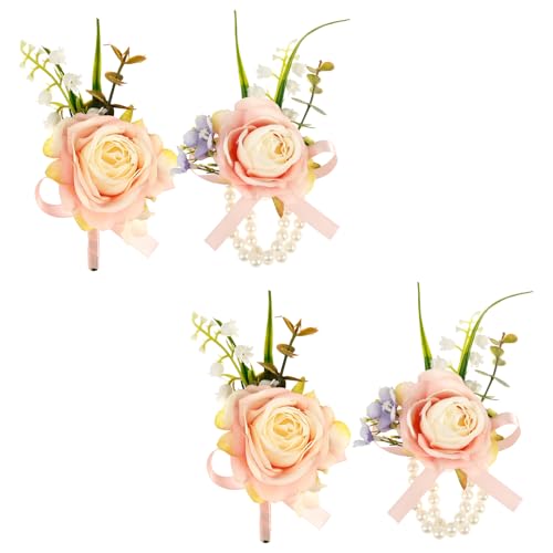 4 Stück Boutonniere Rose mit 2 Handgelenksblumen Braut Handgelenk Blume Exquisit Romantisch Hochzeit Boutonniere für Braut Bräutigam Gäste Hochzeit Tanz Jubiläum Verlobungszeremonie Bankett (Stil 2) von KEGAJEGA