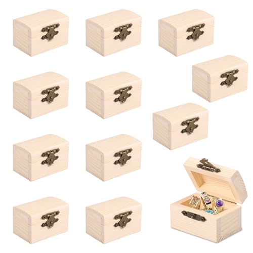 KEGAJEGA 12 Stück Mini Schatztruhe mit Deckel Mini Schatzkiste Holz DIY Schatztruhe zum Bemalen Kleine Holzkiste Holzschachtel zum Bemalen für Geburtstage Piratenpartys Malen Basteln (Stil 1) von KEGAJEGA