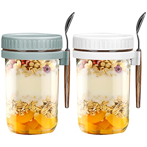 KEGAJEGA 2 Stück Overnight Oats Gläser 600ml Meal Prep Gläser mit Deckel Löffel Dicht Overnight Oats Behälter für Selbstgemachte Haferflocken Joghurt Müsli Salat Marmelade Obst Müsli Snacks von KEGAJEGA