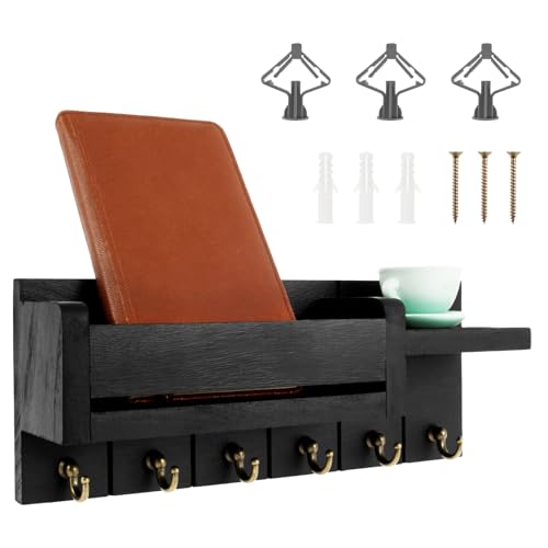 KEGAJEGA Schlüsselbrett Holz mit Ablage 6 Haken Schlüsselbrett Vintage Holz Schlüsselhalter Wand Schlüsselboard für Eingangsbereiche Flure Wohnzimmer Schlafzimmer Küchen Büros (Schwarz) von KEGAJEGA