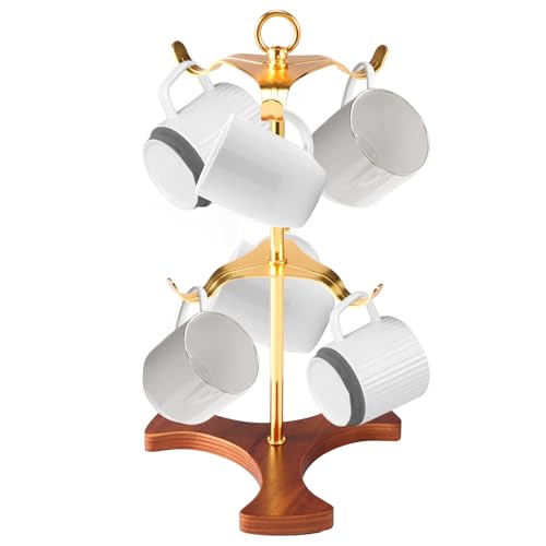 Tassenständer mit 6 Haken Verdickter Holz Basis Tassenhalter Metall Kaffeetassenhalter Tassenständer Vintage für Küche Arbeitsplatten Kaffeebar Halsketten Uhren Armbänder Schlüssel (Gold) von KEGAJEGA