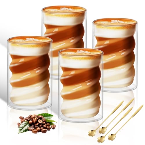 KEHTUNAHT Latte Macchiato Gläser Doppelwandige 400ml 4er Set KaffeegläSer Doppelwandige mit 4 Löffeln Spiralförmig Cappuccino Gläser Eiskaffee Tassen Thermogläser von KEHTUNAHT