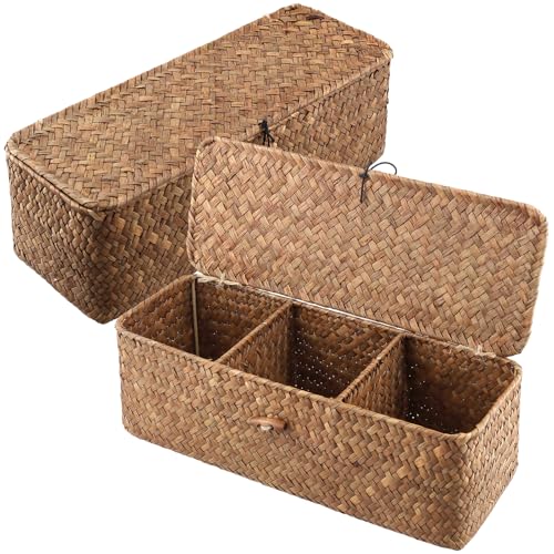 KEILEOHO 2 Stück Seegras Aufbewahrungskorb mit Dekel, Seegras Korb Rechteckig mit 3 Fächern, 32 x 12 x 11 cm Rattan Aufbewahrung Korb für Organisation, Schlafzimmer, Badezimmer, Wohnzimmer von KEILEOHO