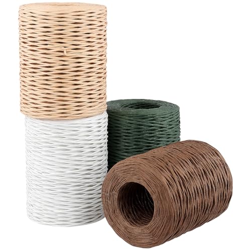 KEILEOHO 4 Stück Papierkordel mit Draht 2 mm x 200 m, Papierdraht zum Basteln, Weiß, Grün, Braun, Dunkelbraun, Drahtschnur Dekodraht zum DIY, Hochzeitsstrauß Verpackung, Geschenkverpackung von KEILEOHO