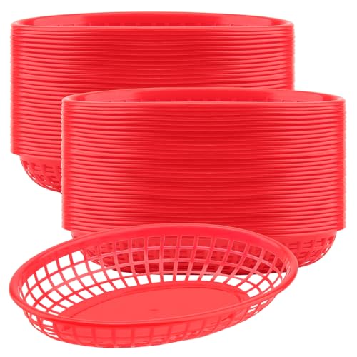 KEILEOHO 60 Stück Kunststoff Fast Food Korb, 23 x 14 x 4 cm Ovale Körbe Plastik Rot Servierkörbe zum Servieren von KEILEOHO