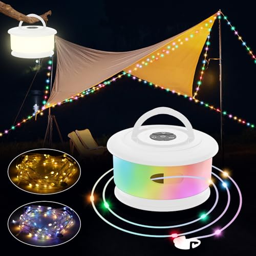 10 m Camping Lichterkette Aufrollbar, Musik Sync Farbwechsel RGB Outdoor Campinglampe with 19 Beleuchtungsmodi, USB Aufladung, 2-in-1 Tragbare LED Camping Licht für Camping, Hof und Wohnmobil Deko von KEIWRLIGHT