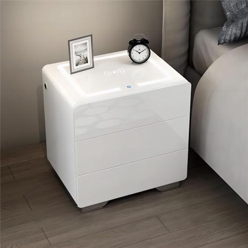 Intelligenter Nachttisch mit Ladestation und USB-Anschlüssen, Hochglanz-LED-Nachttisch mit 3 Schubladen, Beistelltisch mit Fingerabdrucksperre, Schwebender Nachttisch mit Integriertem Licht. ( Color : von KEJIAWU