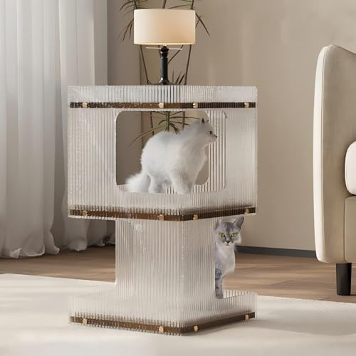 KEJIAWU 3-Stufiger Acryl- und MDF-Beistelltisch mit Stauraum und Katzenbett, Moderner Couchtisch for Wohnzimmer, Schlafzimmer, Büro(Brown) von KEJIAWU