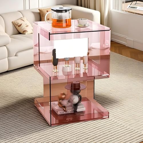 KEJIAWU Acryl Beistelltisch, Moderner Quadratischer Design mit 3 Offenen Regalen, 40x40x60cm, Transparent, Wohnzimmer, Schlafzimmer, Büro(Pink) von KEJIAWU