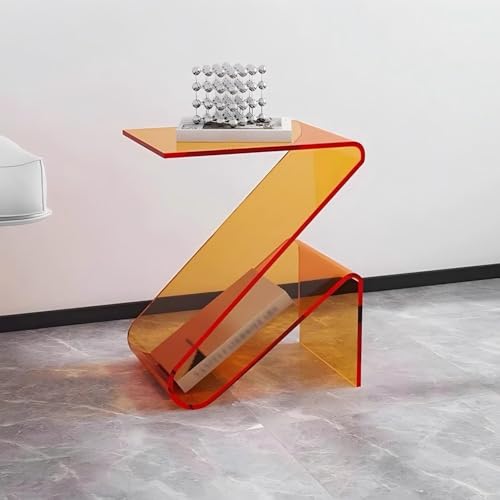 KEJIAWU Acryl Beistelltisch mit Stauraum, Moderner Transparenter Couchtisch for Wohnzimmer, Schlafzimmer, Kleine Räume – Vielseitig als Nachttisch, Zeitschriftenhalter(Orange) von KEJIAWU