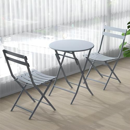 KEJIAWU Garten-Bistro-Set, 3-teilig, Mit Klappbarem Tisch und Stühlen, Klappbarer Terrassentisch aus Stahl für Den Außenbereich, für Balkon, Sommer, Grillen, Wintergarten (Color : Grey) von KEJIAWU