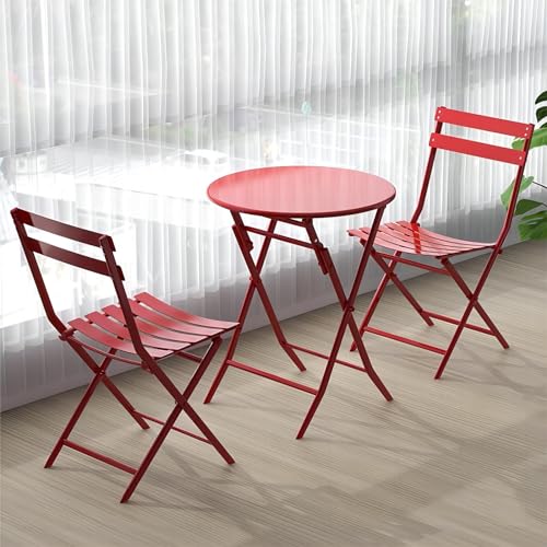 KEJIAWU Garten-Bistro-Set, 3-teilig, Mit Klappbarem Tisch und Stühlen, Klappbarer Terrassentisch aus Stahl für Den Außenbereich, für Balkon, Sommer, Grillen, Wintergarten (Color : Red) von KEJIAWU