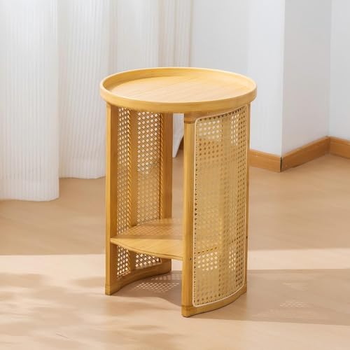 KEJIAWU Rattan-Couchtisch, Runder Beistelltisch, Kleiner Bambus-Wohnzimmer-Beistelltisch, 2-stufiger Snack-Sofa-Beistelltisch, Nachttisch, for Den Wohnzimmerbalkon(Yellow,39cm) von KEJIAWU