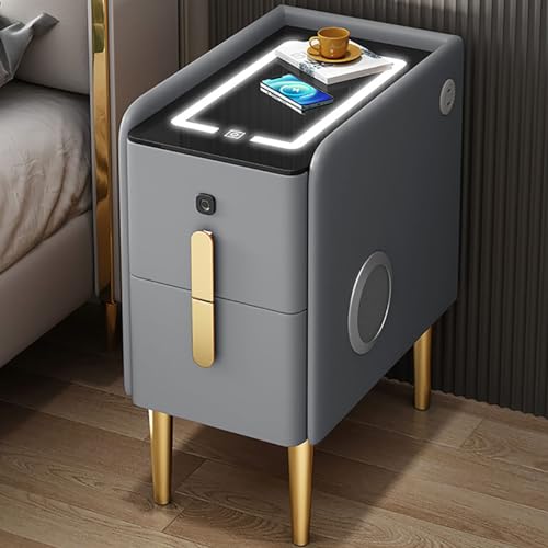 KEJIAWU Smart Bedside Table with Charging Station and 2 USB, 3 Colors Nightstand with Fingerprint Lock and LED, Modern End Side Table with Drawer for Bedrooms (Color : Light Gray, Size : 35CM/13.7IN) von KEJIAWU