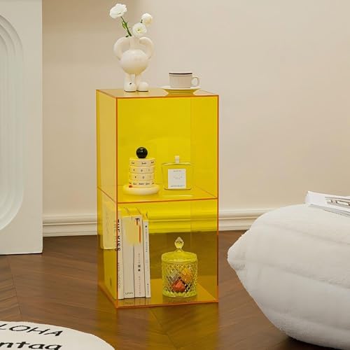 KEJIAWU Stapelbares Acryl Bücherregal Transparent mit 2 Ebenen, Multifunktionaler Beistelltisch oder Nachttisch, Regal for Bücher DVDs Horizontal oder Vertikal Nutzbar(Yellow) von KEJIAWU