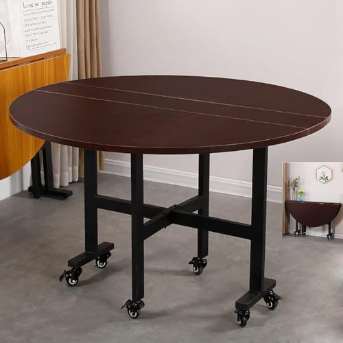 KEJIAWU Vielseitiger Klappbarer Esstisch – Runder Ausziehtisch mit 6 Rollen, Mobiler Schreibtisch mit Rollen for Büro oder Feiern(Brown,130cm/51.2IN) von KEJIAWU