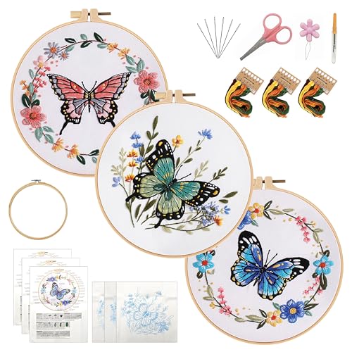KEKEMEOW 3 Sets Stickerei-Kit für Anfänger, Nähte mit Schmetterling und Blumen, Stickerei-Übungssatz für Erwachsene Handwerksliebhaber, Nadelpunkt-Hand-Stickerei-Kit mit Muster、Anleitung、Reifen KEKEMEOW 3 Sets Stickerei-Kit für Anfänger, Nähte mit Schmetterling und Blumen, Stickerei-Übungssatz für Erwachsene Handwerksliebhaber, Nadelpunkt-Hand-Stickerei-Kit mit Muster、Anleitung、Reifen von KEKEMEOW