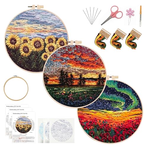 KEKEMEOW 3 Sets Stickerei Kit für Anfänger, Nähte mit ländlicher Landschaft, Stickerei Stick Übung Kit für Erwachsene Handwerk Liebhaber, Nadelpunkt Hand Stickerei Kit mit Muster、Anleitung、Reifen von KEKEMEOW