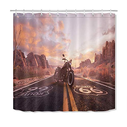 KEKESHIGEDOU Duschvorhänge Mountain Motorrad auf der Route 66 Road Bad Vorhang mit Haken, wasserdicht Anti Schimmel Polyester Stoff Badezimmer Dekor 180x180cm von KEKESHIGEDOU