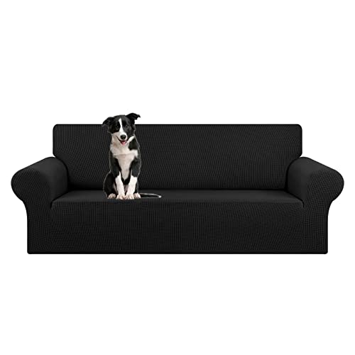 KEKUOU Übergroßer Stretch-Sofabezug, 1 Stück, Couch-Sofabezug (238,8-279,4 cm), Möbelschutz, 4-Sitzer-Sofa mit elastischer Unterseite für Kinder, Haustier, Jacquard-Karo-Muster, Stoff (XL, Schwarz) von KEKUOU