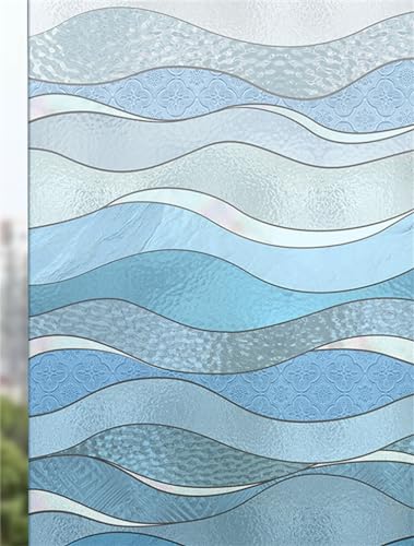3D Fensterfolie Selbstklebend Sichtschutzfolie Statisch Dekofolie Blickdicht Milchglasfolie Haftend ohne Klebstoff Anti UV Sonnenschutz für Küche Wohnzimme- Blaue Wellenlinien(44.5cmx300cm) von KEKUYA